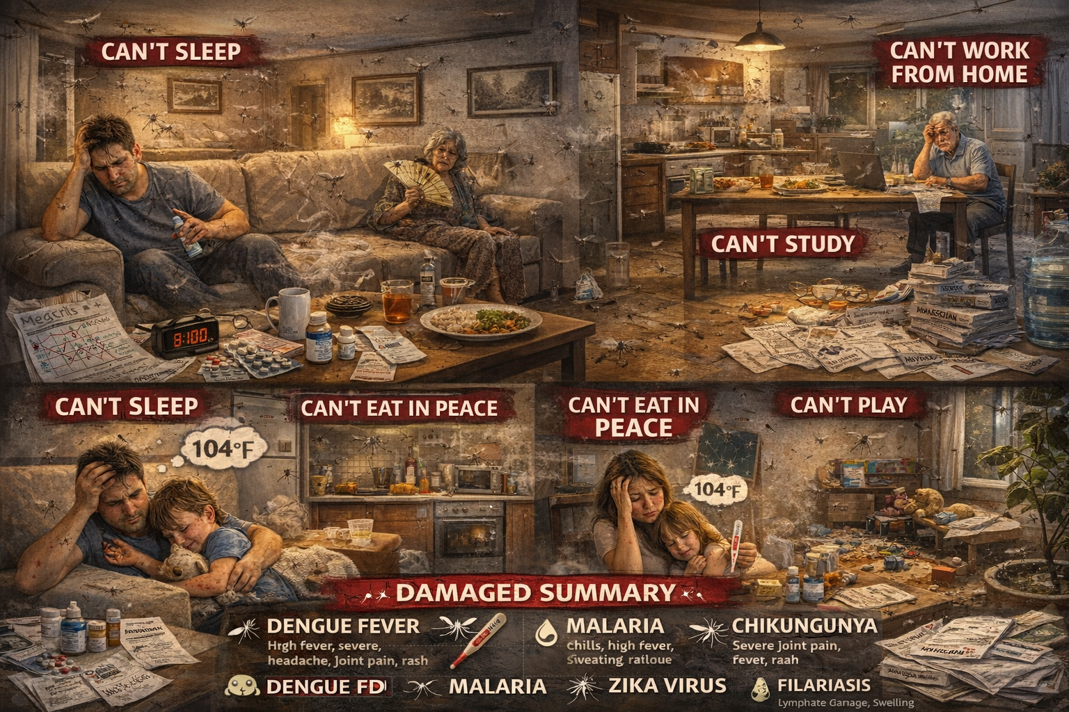 MOSQUITO INFESTATION - HEALTH & DAILY LIFE IMPACT A realistic, emotionally impactful scene of a FAMILY HOUSE with ACTIVE MOSQUITO INFESTATION disturbing family members throughout the home,