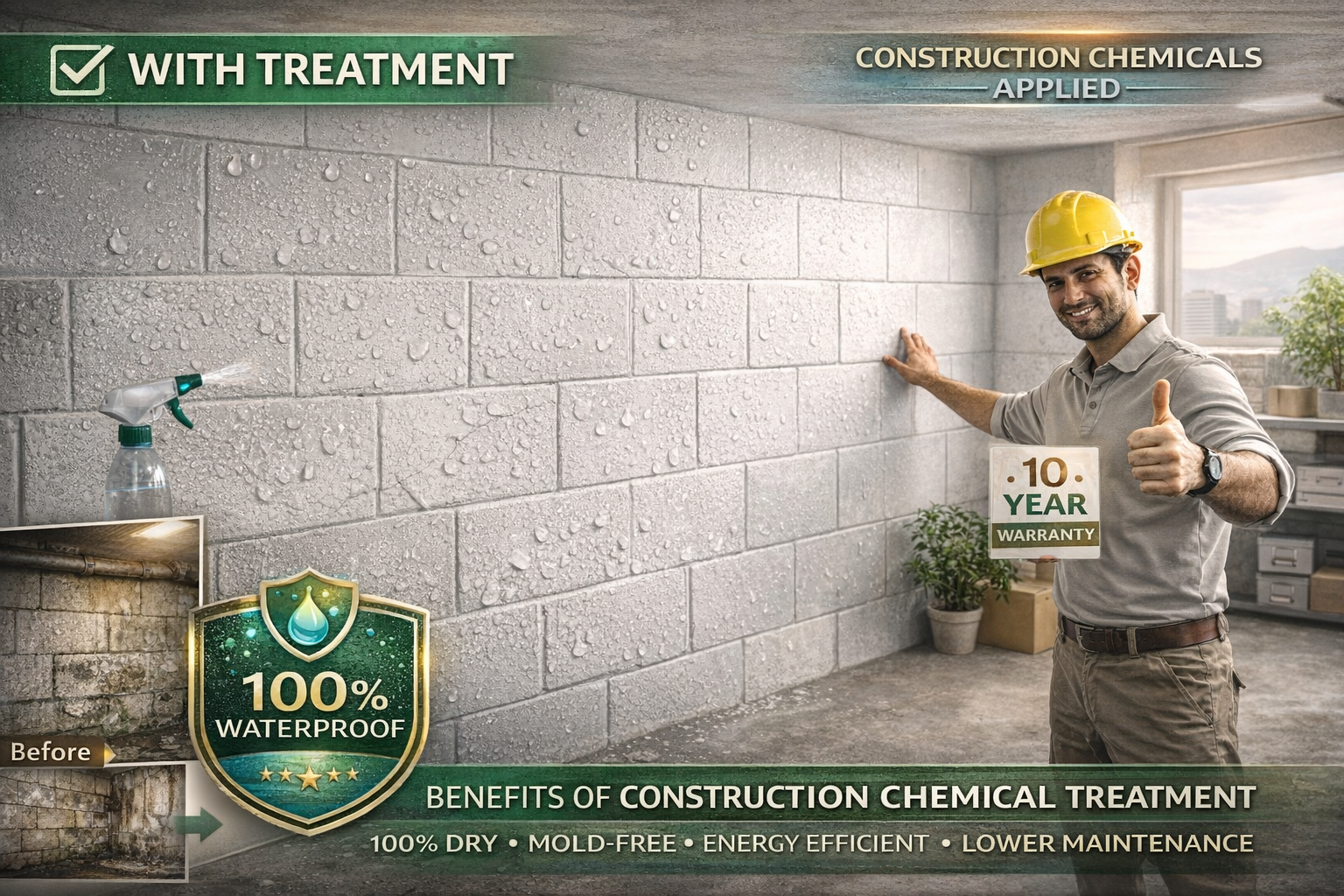 A stunning, premium-quality marketing image showcasing the remarkable transformation of a lightweight block wall AFTER professional construction chemical treatment..
