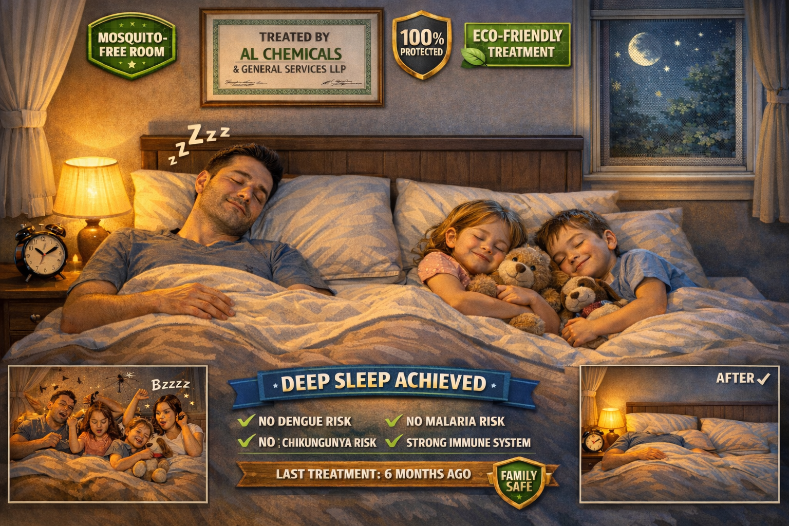 ✅ MOSQUITO CONTROL SUCCESSFULLY COMPLETED ✅ ║ ║ BY AL CHEMICALS & GENERAL SERVICES LLP ║ ║ ✓ ZERO MOSQUITOES IN BEDROOM ║║ ✓ DEEP, PEACEFUL SLEEP FOR ENTIRE FAMILY ║ ║ ✓ NO BITES, NO IRRITATION,