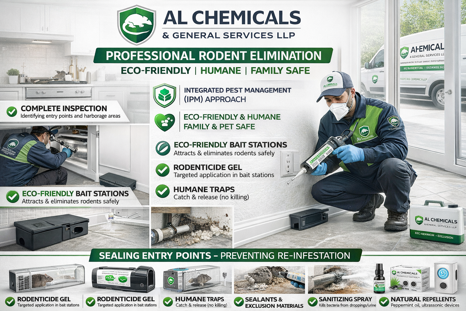 A stylish, professional, action-oriented image showing RODENT TREATMENT IN PROGRESS by AL CHEMICALS & GENERAL SERVICES LLP. Clean, technical, trustworthy aesthetic showing professional eliminations