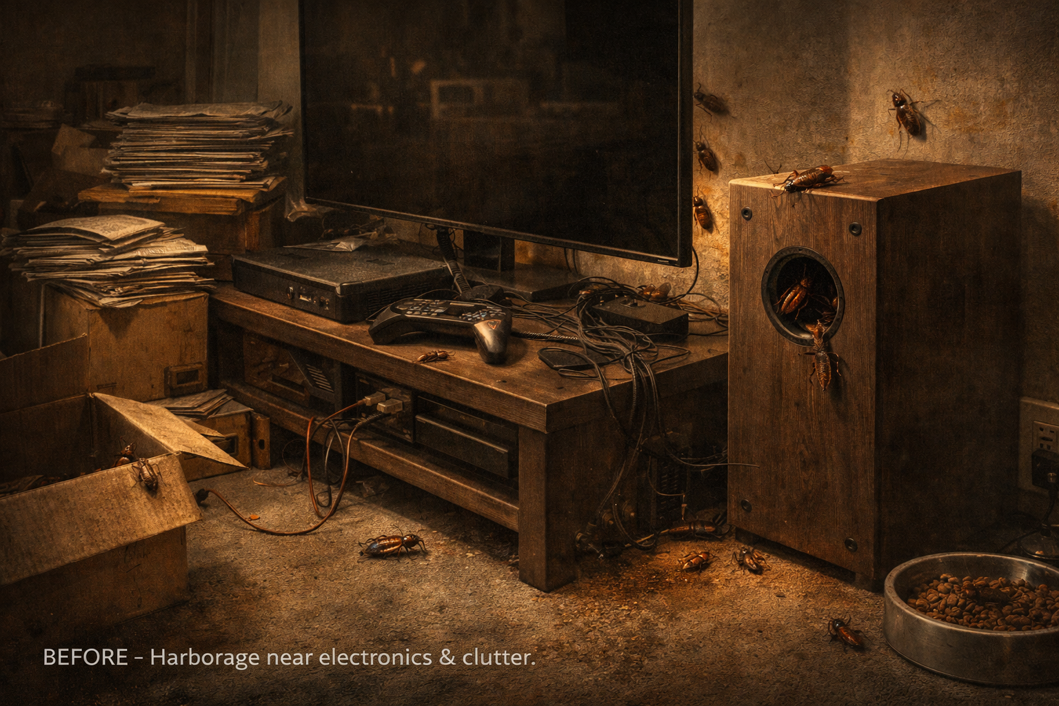 Cockroaches on sofa, crawling on cushions - Cockroaches on TV console and electronics (warmth attracts them) - Cockroaches on coffee table near food/drinks - Droppings on furniture and floor