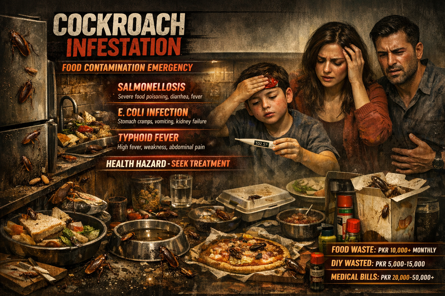 "COCKROACH INFESTATION" - "FOOD CONTAMINATION EMERGENCY" - "HEALTH HAZARD - SEEK TREATMENT"